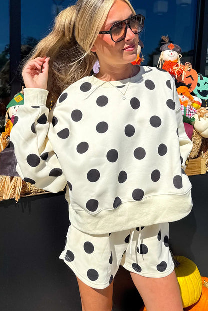 Multicolour Polka Dot Print Drop Shoulder Pullover Drawstring Shorts Set