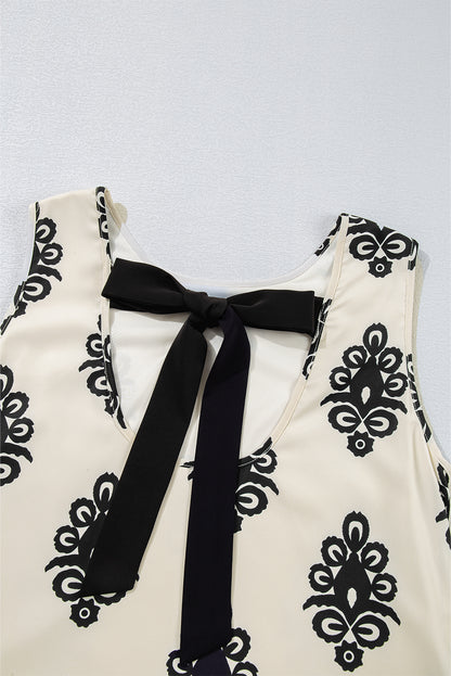 Beige Geometric Print Sleeveless Bowknot Back Mini Dress