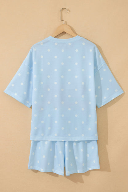 Yellow Exposed Seam Detail Polka Dot Loose Tee Drawstring Shorts Set