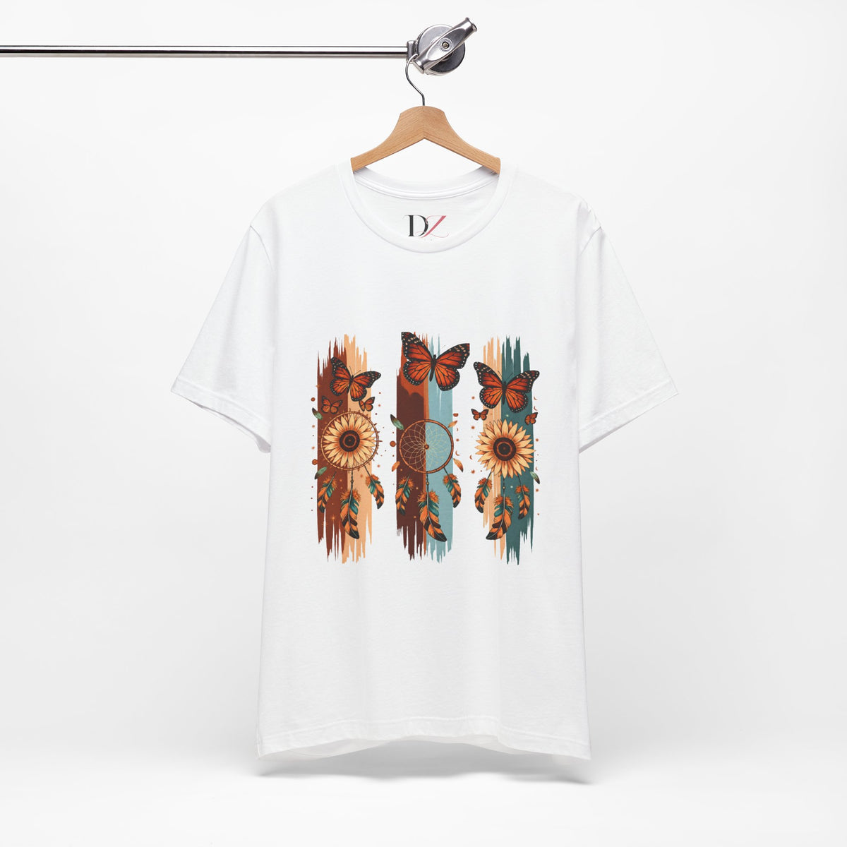 Sunflower & Butterfly Stripe Tee — Boho Floral Graphic T-Shirt