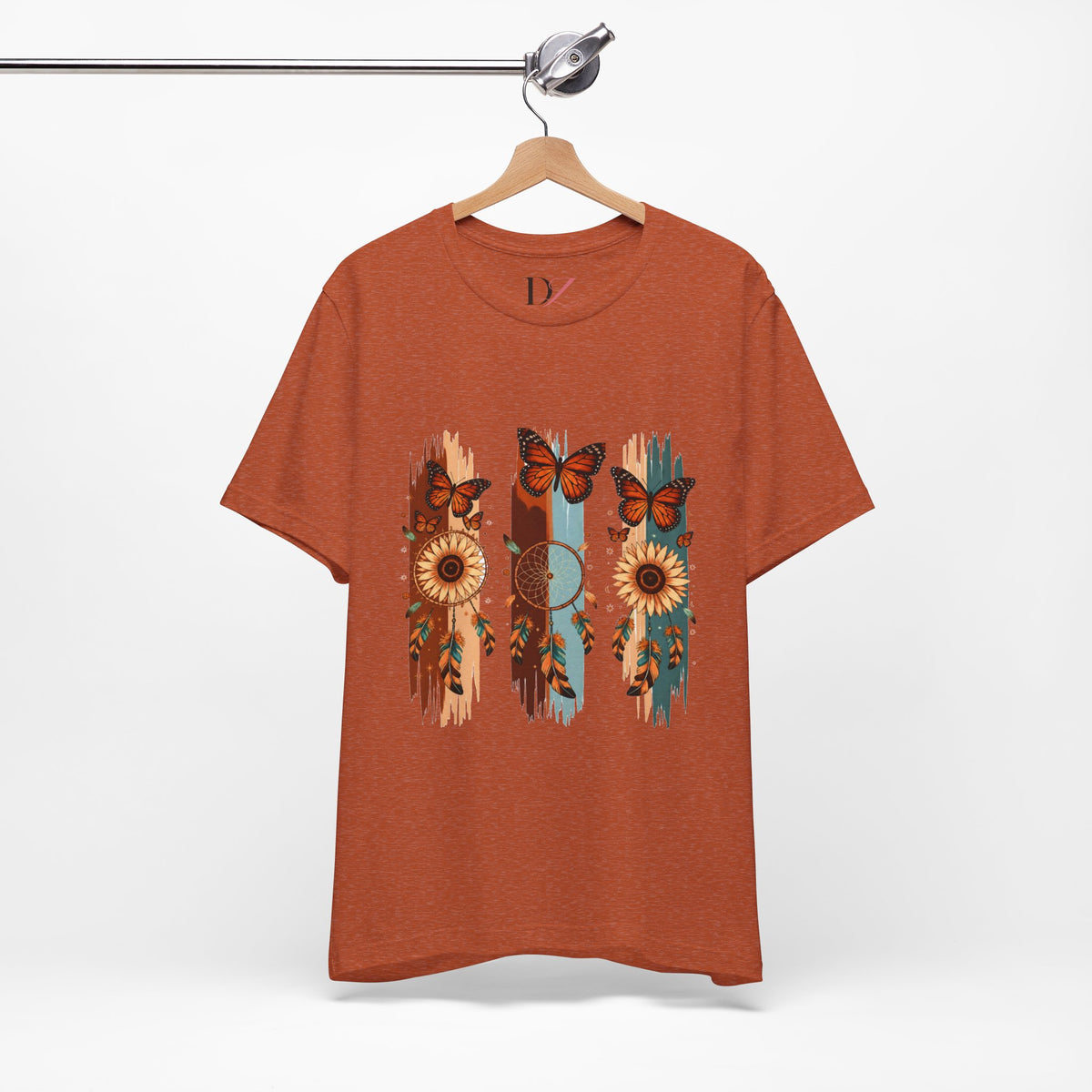 Sunflower & Butterfly Stripe Tee — Boho Floral Graphic T-Shirt