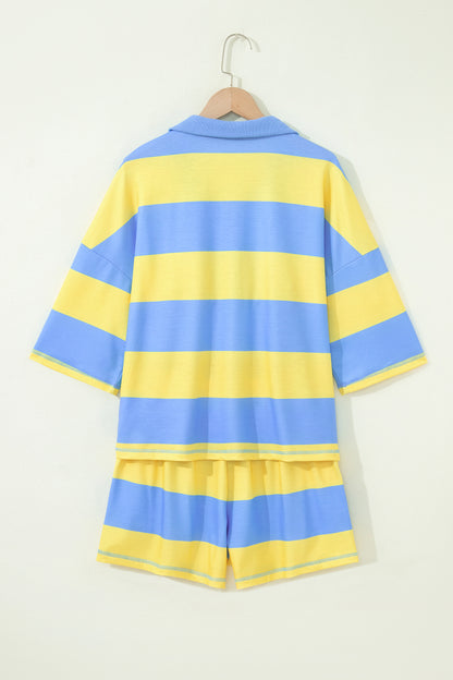 Yellow Stripe Seam Detail Half Zip Tee Casual Shorts 2pcs Set