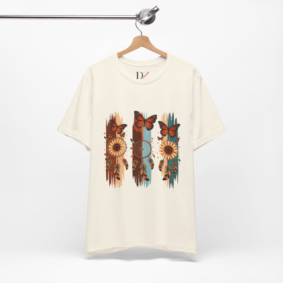 Sunflower & Butterfly Stripe Tee — Boho Floral Graphic T-Shirt