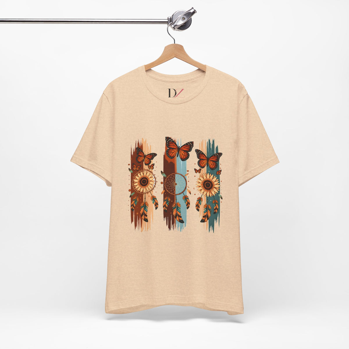 Sunflower & Butterfly Stripe Tee — Boho Floral Graphic T-Shirt