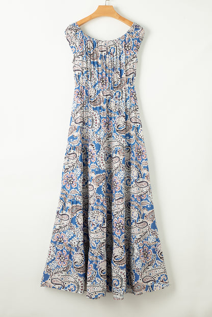 Blue Boho Paisley Print Off-Shoulder Maxi Dress