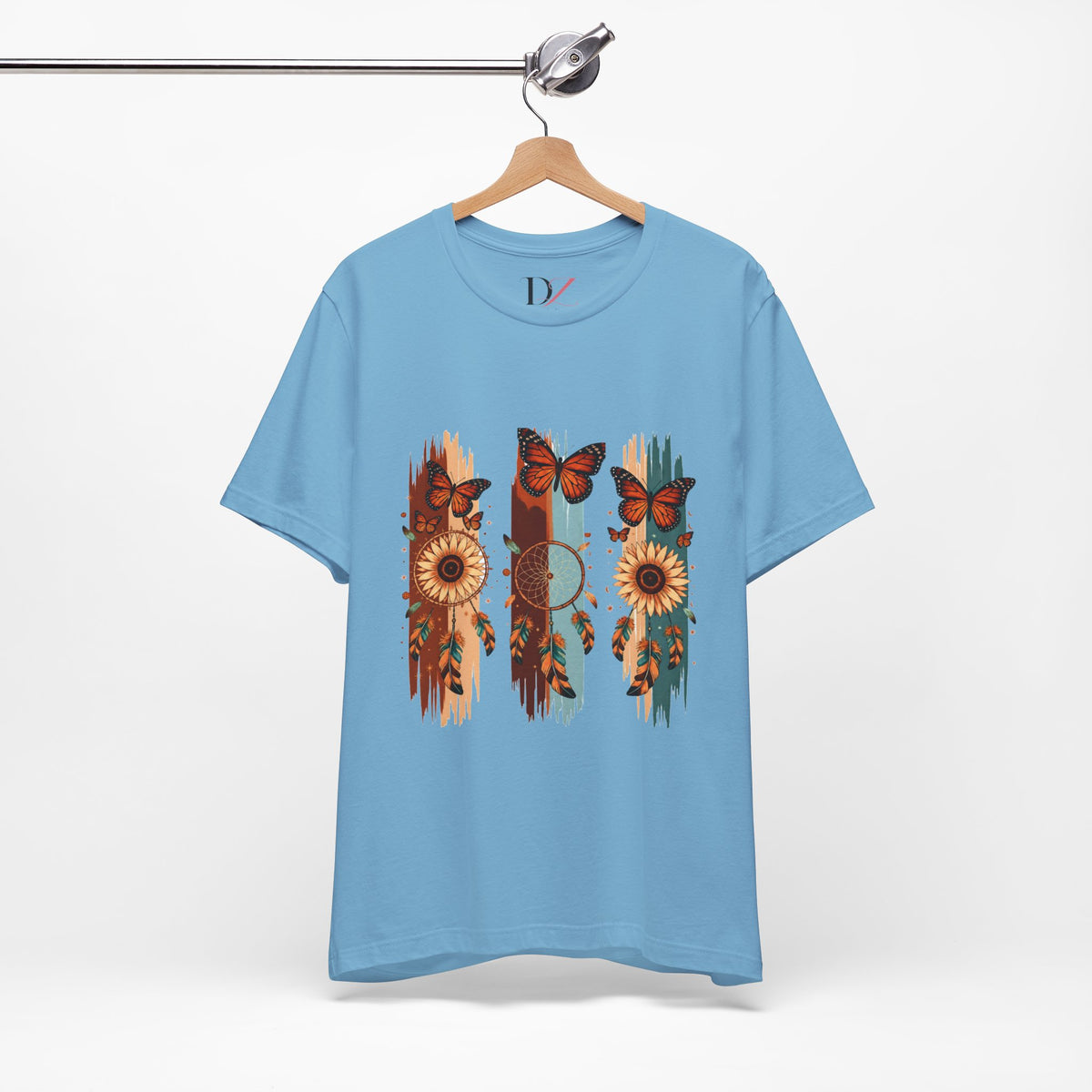 Sunflower & Butterfly Stripe Tee — Boho Floral Graphic T-Shirt