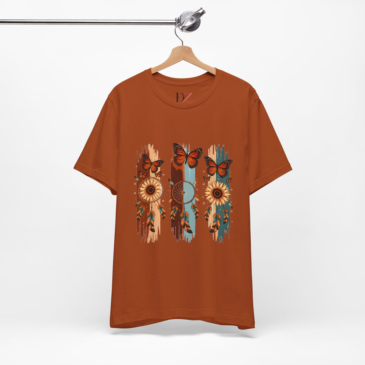 Sunflower & Butterfly Stripe Tee — Boho Floral Graphic T-Shirt