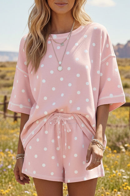 Yellow Exposed Seam Detail Polka Dot Loose Tee Drawstring Shorts Set
