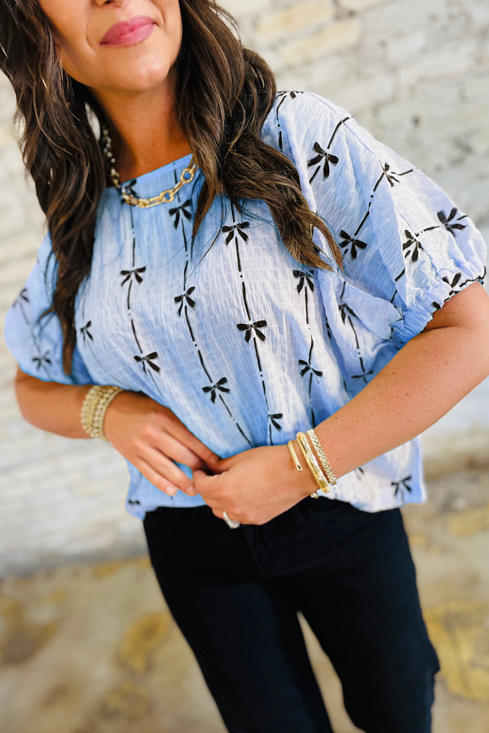 Beige Bow Print Striped Puff Short Sleeve Blouse