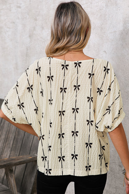 Beige Bow Print Striped Puff Short Sleeve Blouse