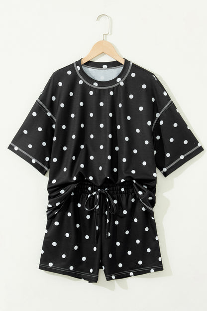 Yellow Exposed Seam Detail Polka Dot Loose Tee Drawstring Shorts Set
