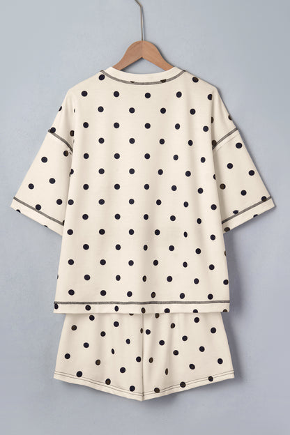 Yellow Exposed Seam Detail Polka Dot Loose Tee Drawstring Shorts Set