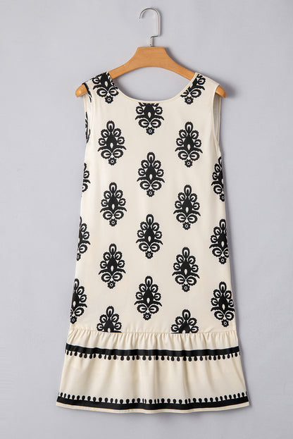 Beige Geometric Print Sleeveless Bowknot Back Mini Dress
