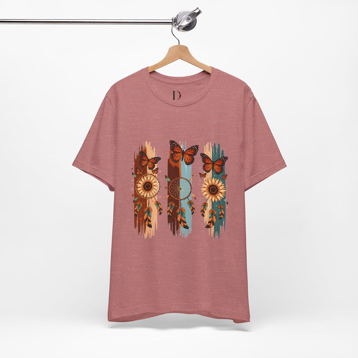 Sunflower & Butterfly Stripe Tee — Boho Floral Graphic T-Shirt