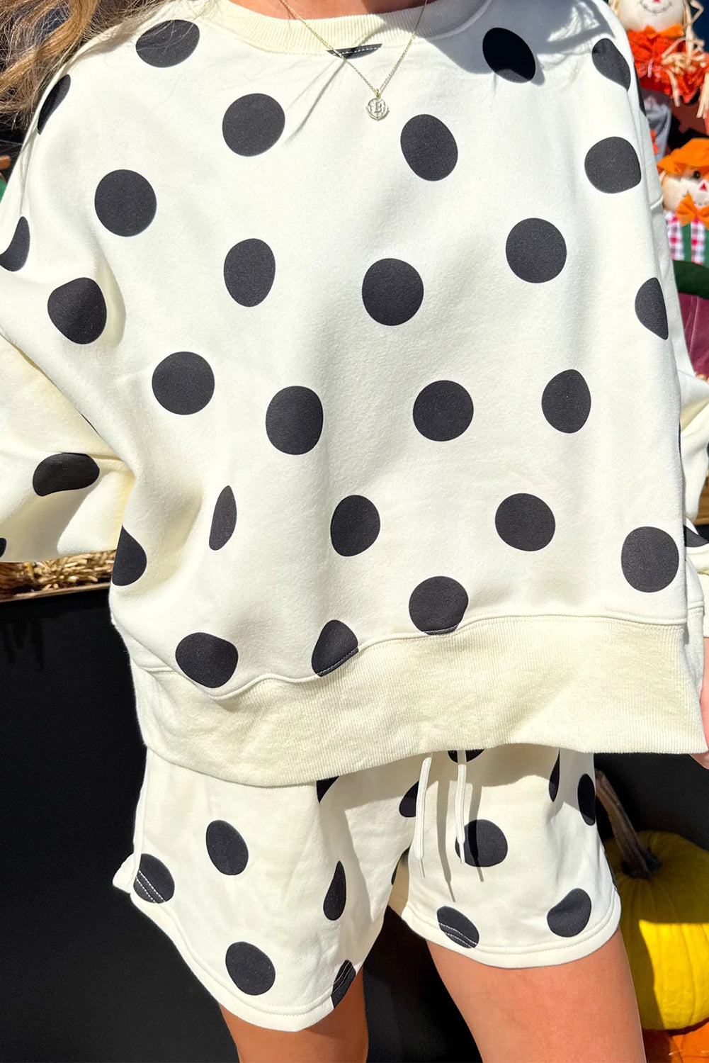 Multicolour Polka Dot Print Drop Shoulder Pullover Drawstring Shorts Set