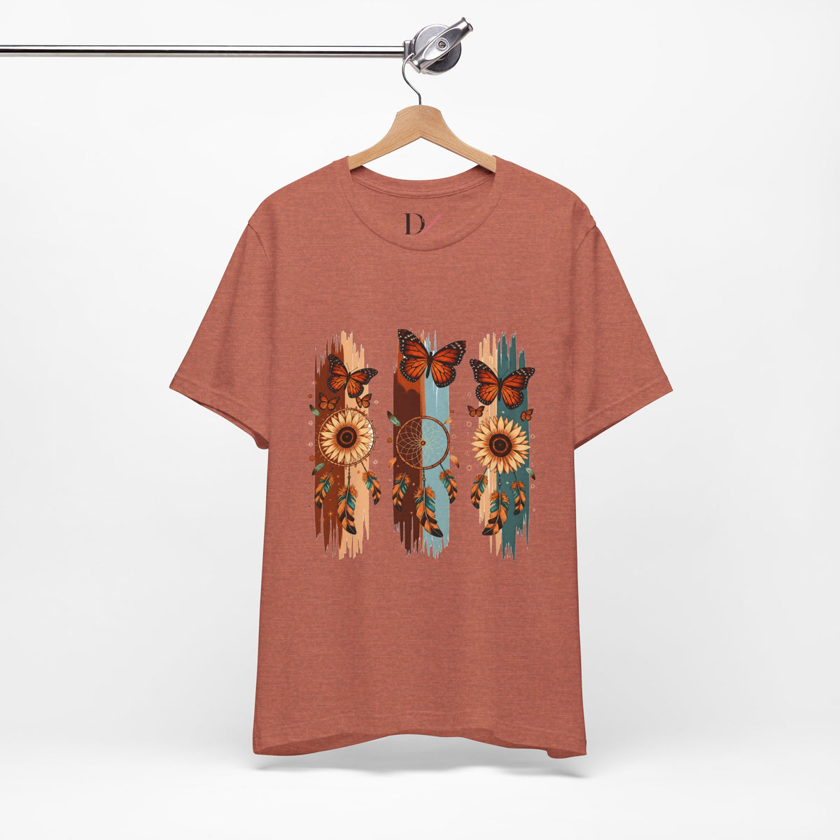 Sunflower & Butterfly Stripe Tee — Boho Floral Graphic T-Shirt