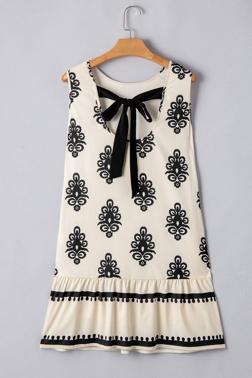 Beige Geometric Print Sleeveless Bowknot Back Mini Dress