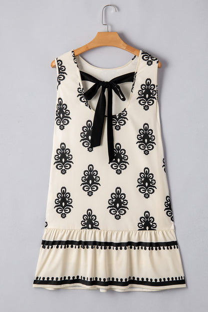 Beige Geometric Print Sleeveless Bowknot Back Mini Dress