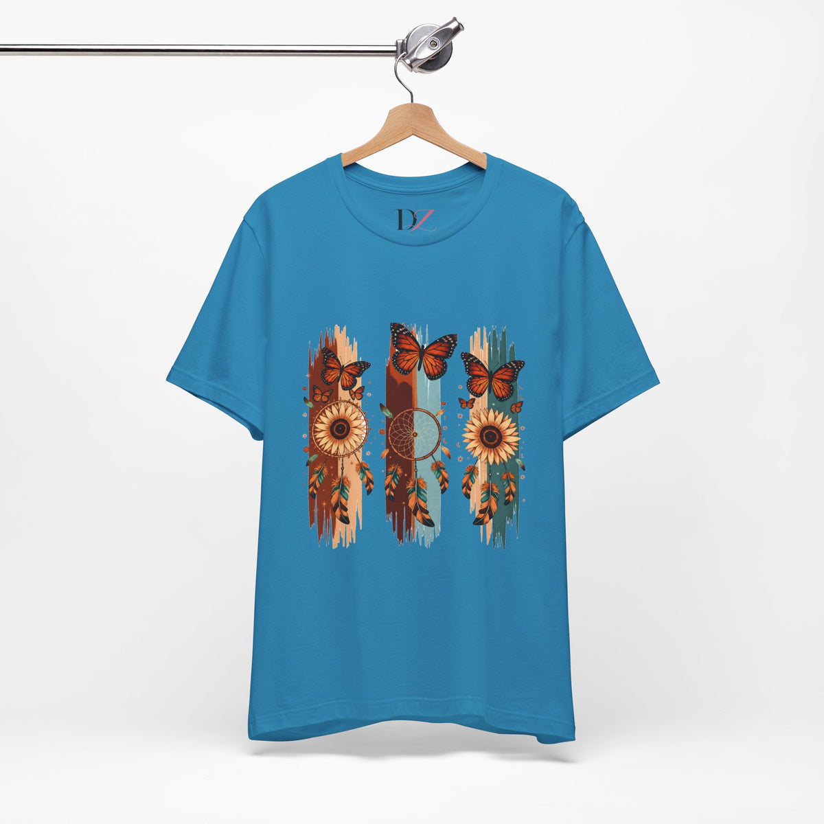 Sunflower & Butterfly Stripe Tee — Boho Floral Graphic T-Shirt