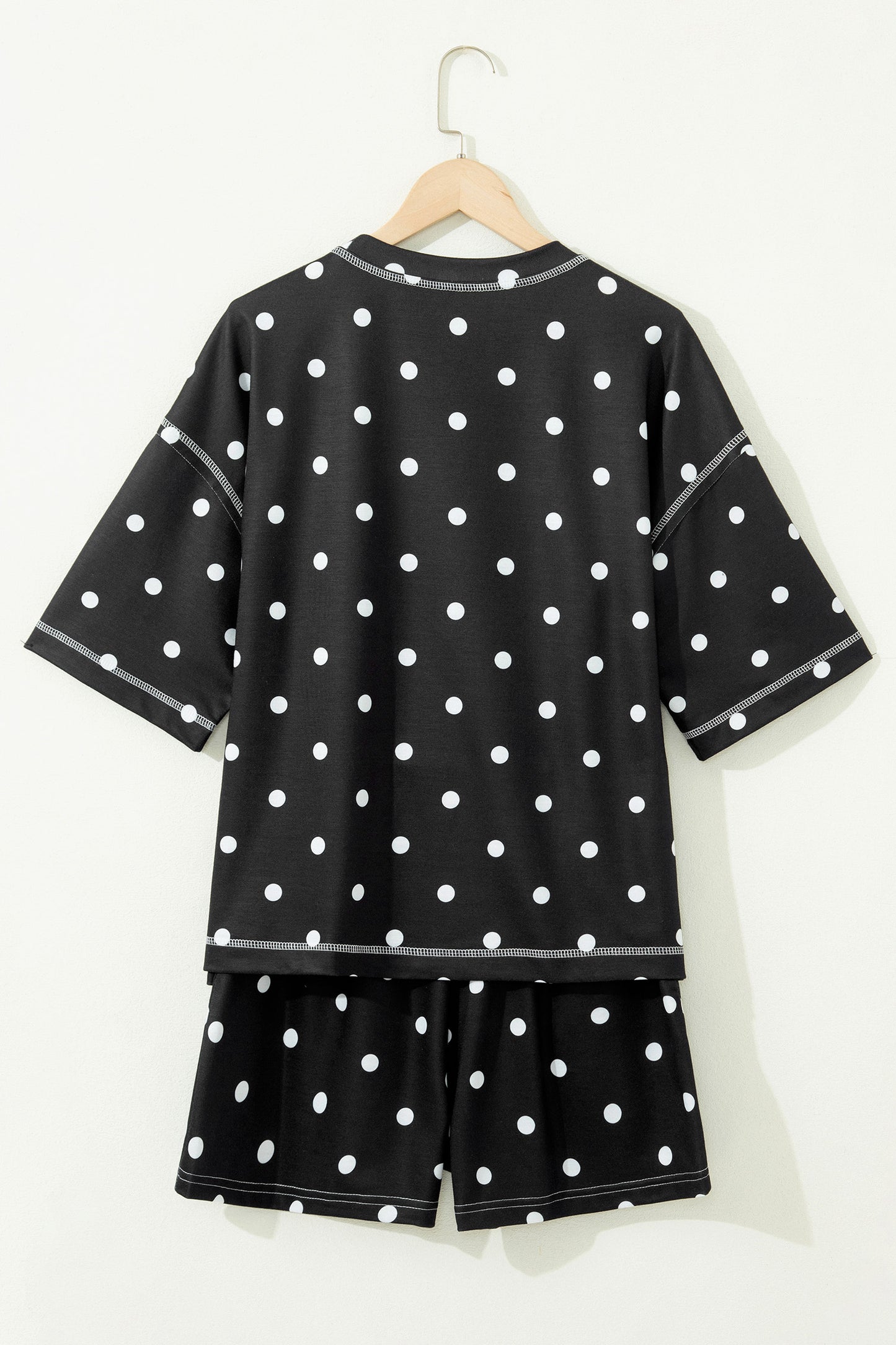 Yellow Exposed Seam Detail Polka Dot Loose Tee Drawstring Shorts Set