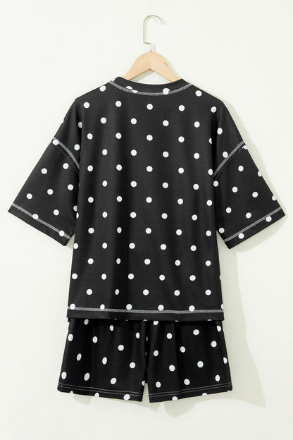 Yellow Exposed Seam Detail Polka Dot Loose Tee Drawstring Shorts Set