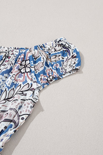 Blue Boho Paisley Print Off-Shoulder Maxi Dress