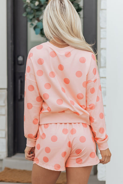 Multicolour Polka Dot Print Drop Shoulder Pullover Drawstring Shorts Set