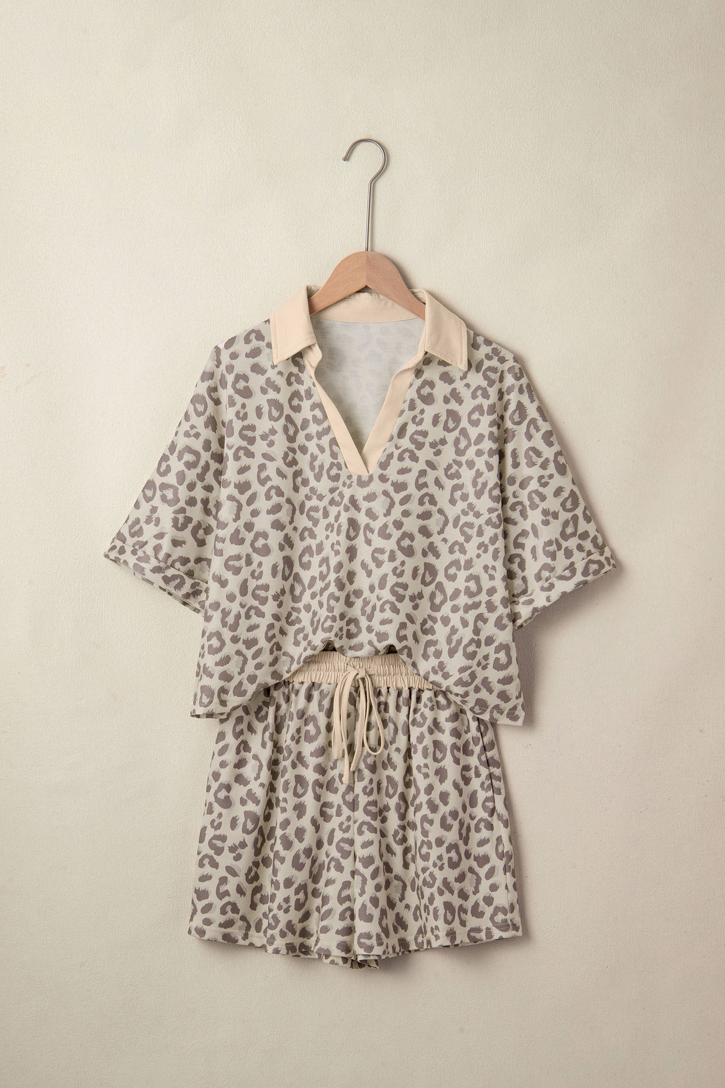 Brown V Neck Collar Leopard Printed 2pcs Short Set