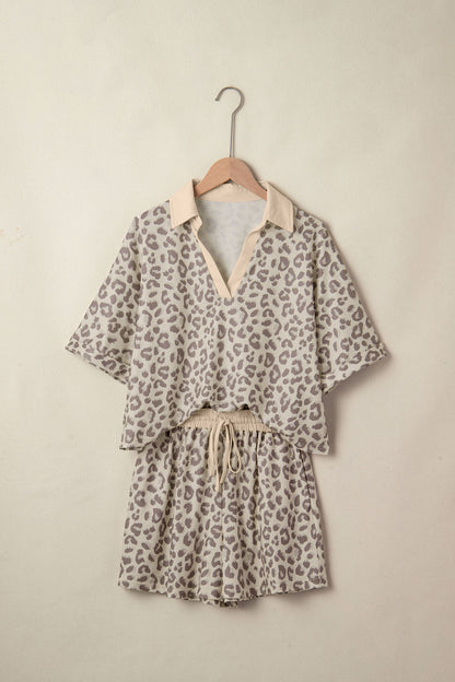 Brown V Neck Collar Leopard Printed 2pcs Short Set