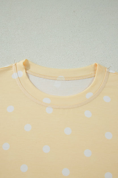 Yellow Exposed Seam Detail Polka Dot Loose Tee Drawstring Shorts Set