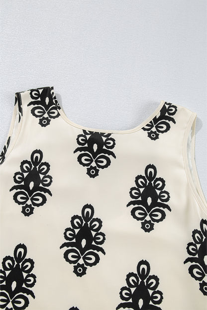 Beige Geometric Print Sleeveless Bowknot Back Mini Dress