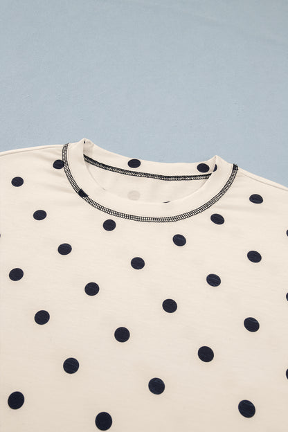 Yellow Exposed Seam Detail Polka Dot Loose Tee Drawstring Shorts Set