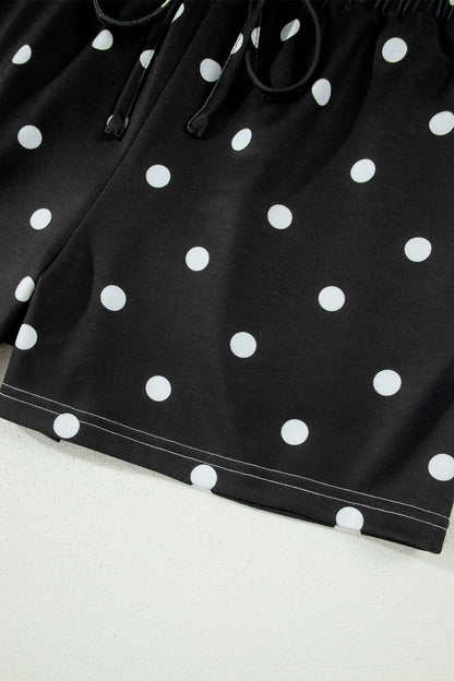 Yellow Exposed Seam Detail Polka Dot Loose Tee Drawstring Shorts Set