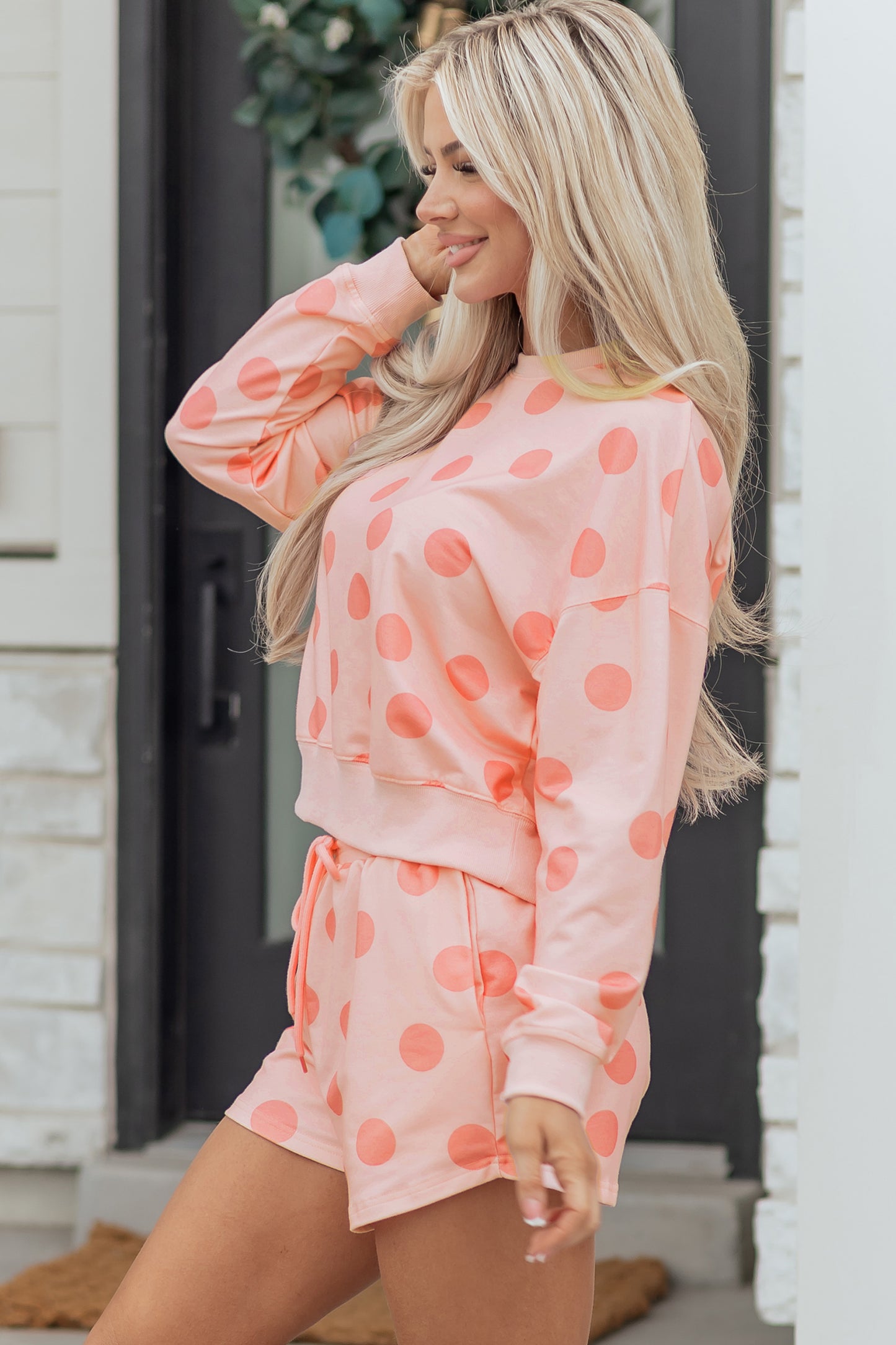 Multicolour Polka Dot Print Drop Shoulder Pullover Drawstring Shorts Set