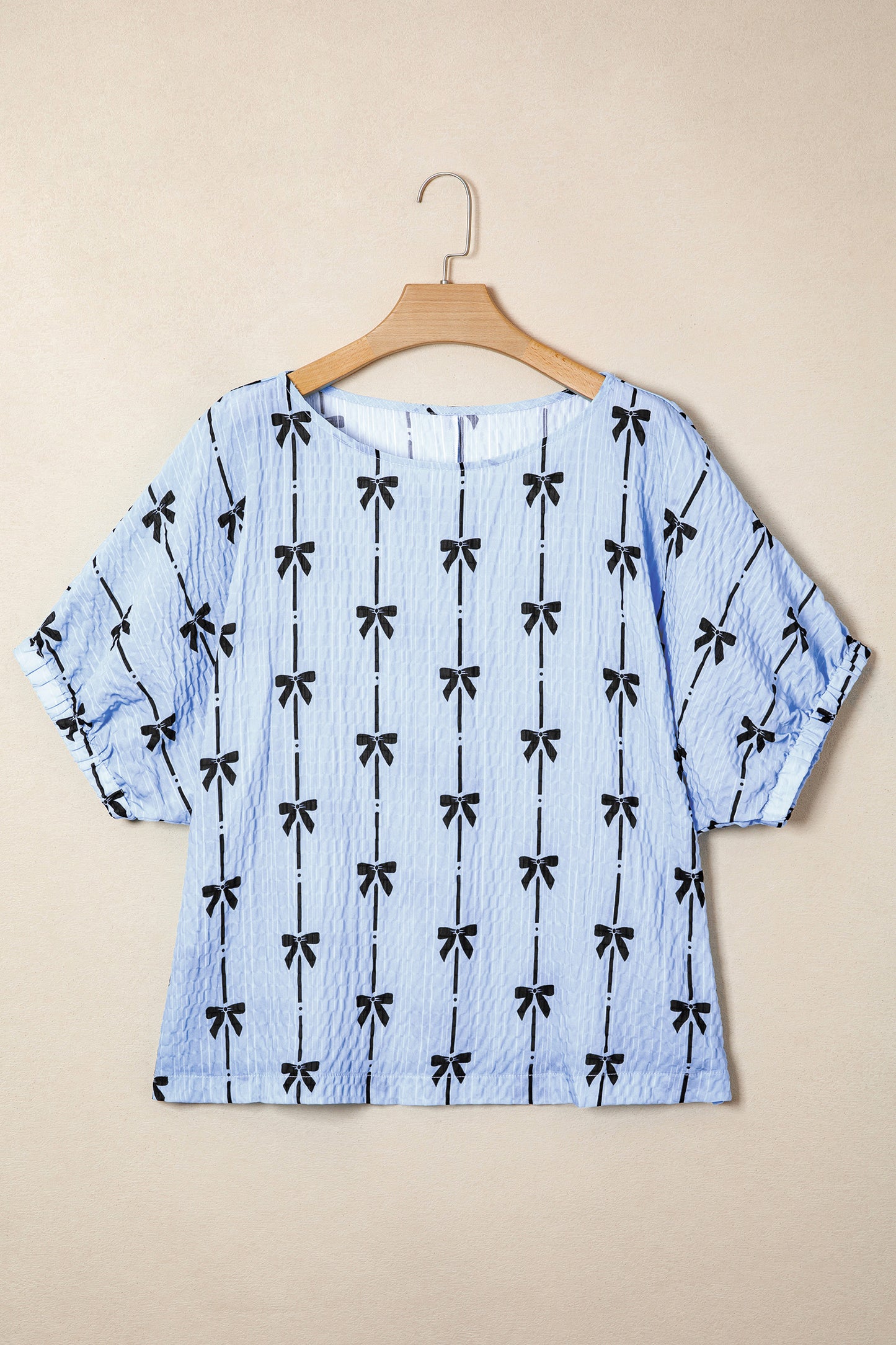 Beige Bow Print Striped Puff Short Sleeve Blouse