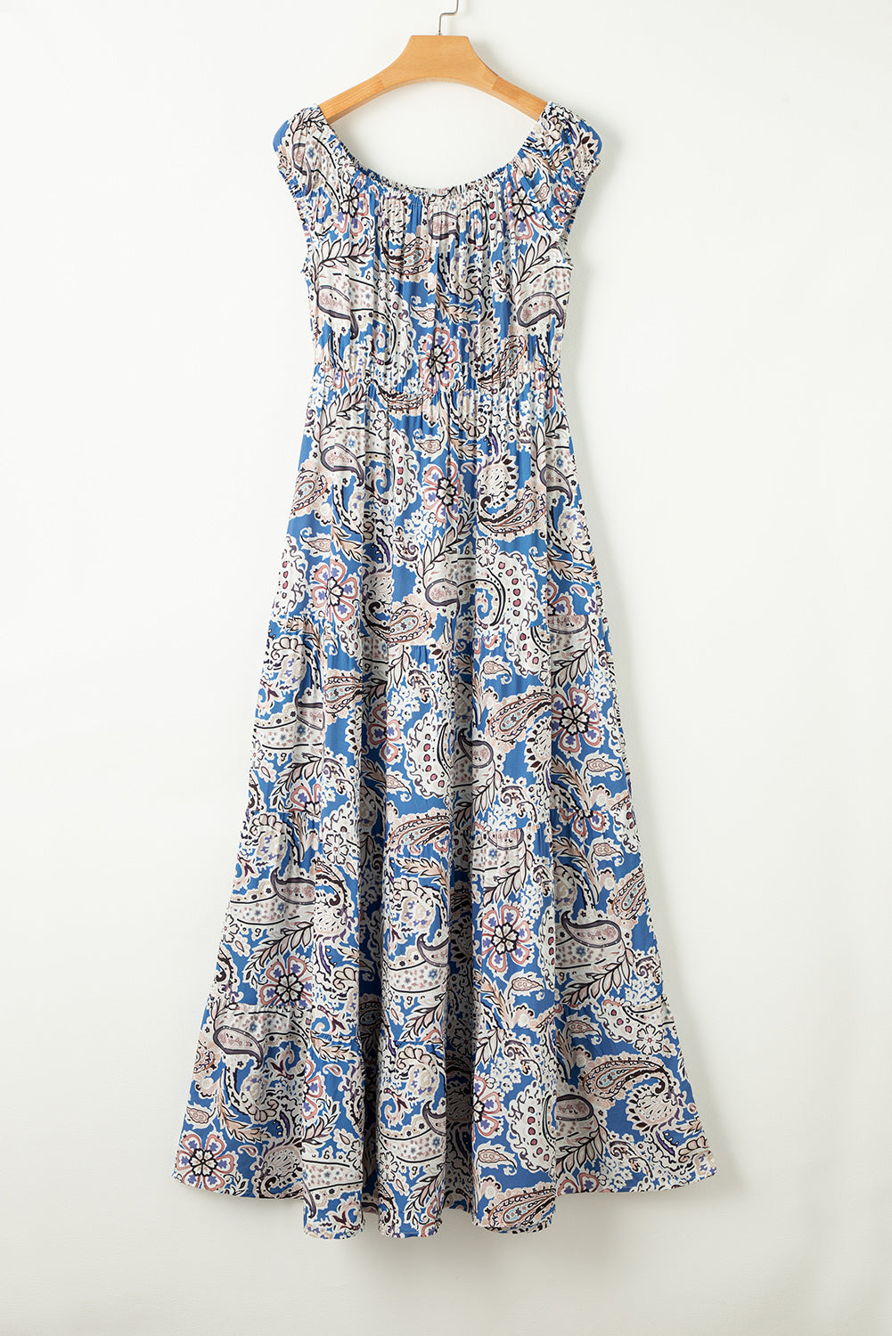 Blue Boho Paisley Print Off-Shoulder Maxi Dress
