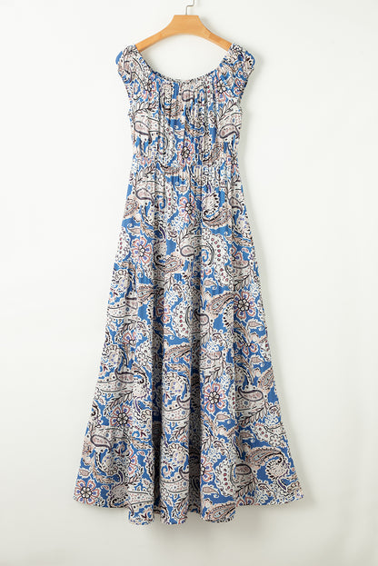 Blue Boho Paisley Print Off-Shoulder Maxi Dress