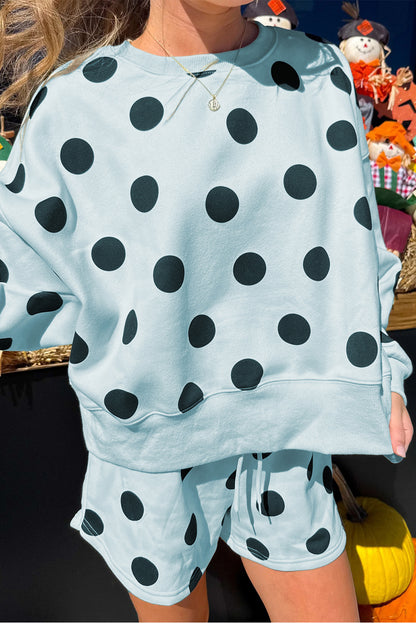 Multicolour Polka Dot Print Drop Shoulder Pullover Drawstring Shorts Set