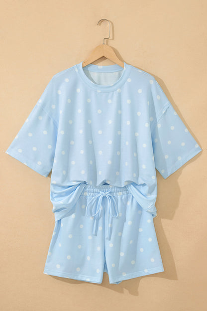 Yellow Exposed Seam Detail Polka Dot Loose Tee Drawstring Shorts Set