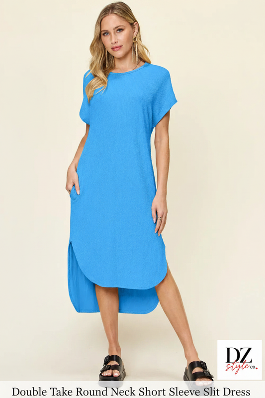 Double Take Round Neck Short Sleeve Slit Dress