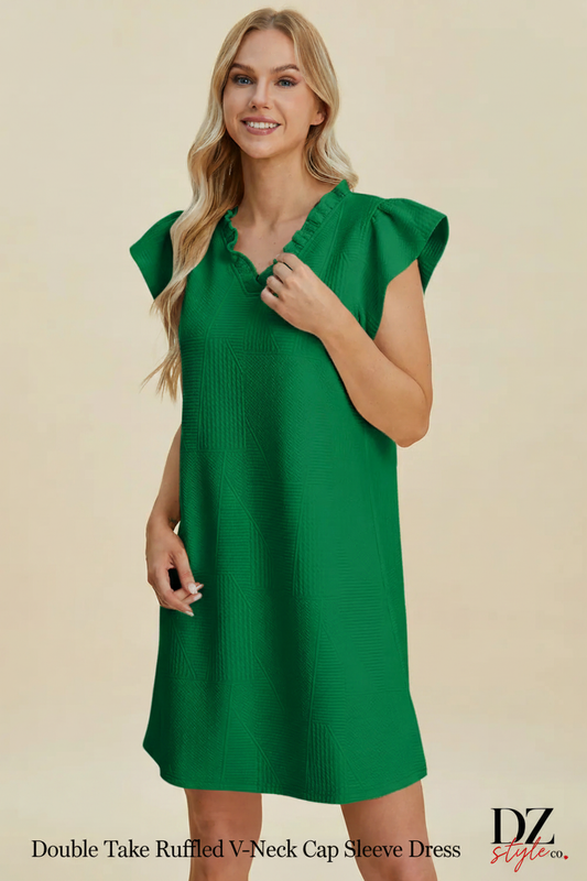 Double Take Ruffled V-Neck Cap Sleeve Dress