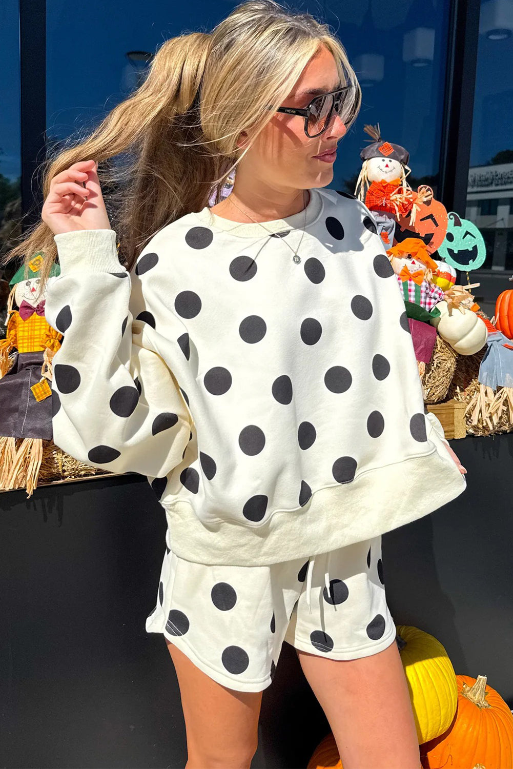 Multicolour Polka Dot Print Drop Shoulder Pullover Drawstring Shorts Set