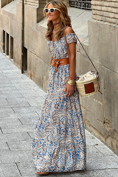 Blue Boho Paisley Print Off-Shoulder Maxi Dress