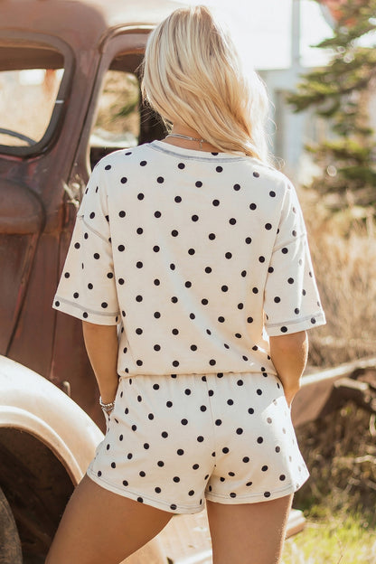 Yellow Exposed Seam Detail Polka Dot Loose Tee Drawstring Shorts Set