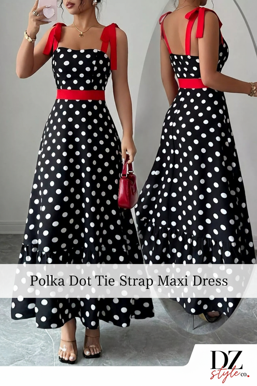 Polka Dot Tie Strap Maxi Dress