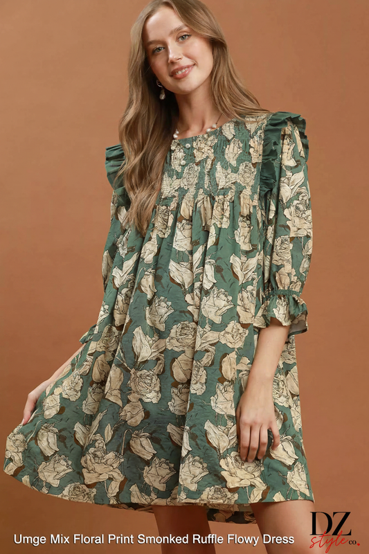 Umgee Mix Floral Print Smocked Ruffle Flowy Dress